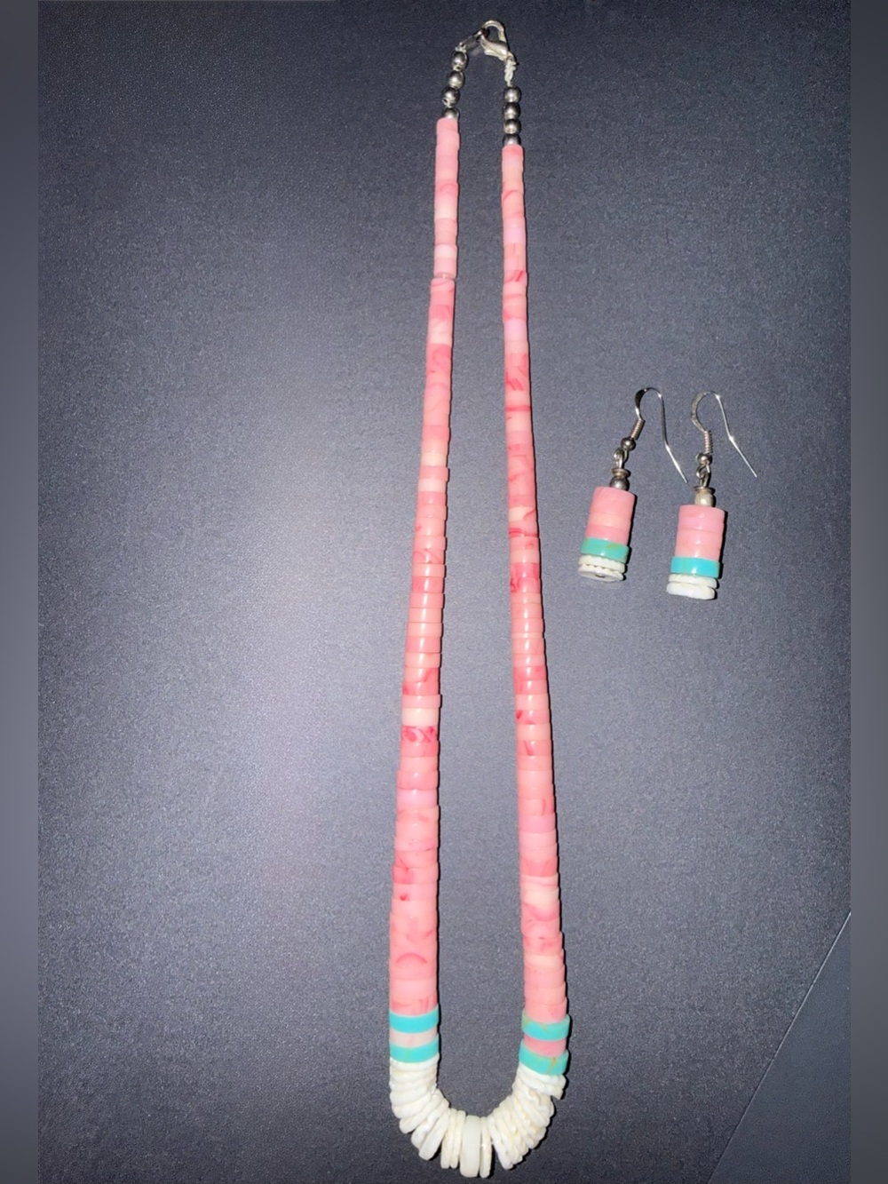 Vintage Pink Shell Heishi Beaded Necklace & Earring Set-Boho Southwestern Style